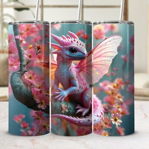 Cute Pink Dragon with Cherry Blossoms PNG, Digital Download, 20oz Skinny Tumbler Design, Fantasy Art
