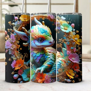Joli design de gobelet floral dragon arc-en-ciel, gobelet skinny 20 oz PNG, emballage de gobelet bricolage, Dragon et art floral