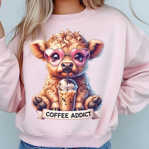 Cute Highland Cow Png - Coffee Addict Clipart - Digital Download - T-Shirt Design - Sublimation Design