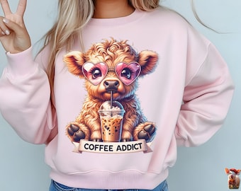 Carino Highland Cow Png - Clipart Coffee Addict - Download digitale - Design per maglietta - Design a sublimazione