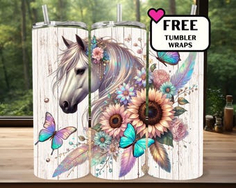 Boho Horse Tumbler Wrap, Boho Flower png, Sunflower 20 oz Skinny Sublimation Design, Instant Download, Digital Product