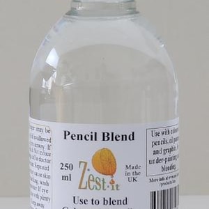 May include: A clear plastic bottle with a white cap, labelled "Pencil Blend." The label indicates a 250 ml volume and states the product is for blending coloured pencils, wax pencils, and oil pastels. Made in the UK.
