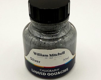 William Mitchell Calligraphy Liquid Gouache Silver Ink 30ml Bottle for dip pens, Quill, Ruling pens and Calligraphy pens