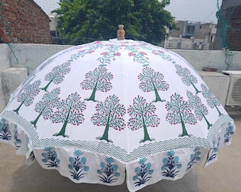 Unique Hand Block Print Cotton Parasol, Banyan Tree Design Garden Floral Umbrella