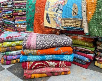 Handgjort vintage Kantha-täcke, vändbart bomullsöverkast, blandade mönster (grossistparti)