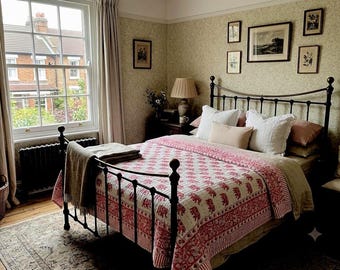 Handmade Pink Elephant Print Quilt, Indian Cotton Jaipuri Bedspread, Boho Nursery Blanket
