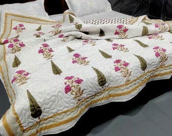 Handtryckt bomullsquilt, vändbart blommigt överkast, Jaipur-hantverk