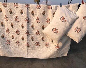 Tvättbart handtryckt bomullsquilt, vändbart blommigt överkast, Jaipur-hantverk