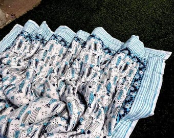 Handmade Blue Fish Block Print Quilt, Reversible Cotton Bedspread (Queen/King)