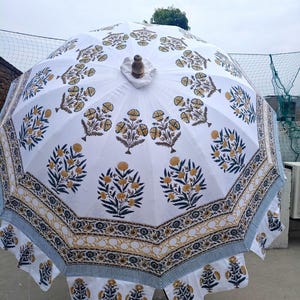 Floral Block Print Parasol, 72-Inch Canvas Garden Umbrella with Stainless Steel Pole
