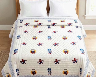 Handtryckt Captain America, bomullsbabytäcke, vändbart bomullsöverkast (queen size/king size)
