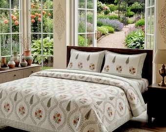 Handtryckt bomullsquilt – Vändbar blomsterdesign, Jaipur-hantverk