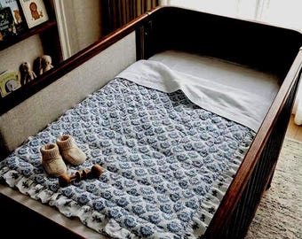 Organic Cotton Baby Quilt, Hand Block Printed Floral Design