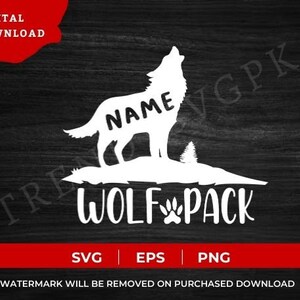 May include: A white silhouette of a wolf howling with the text "NAME" above it and "WOLFPACK" below it. The wolf is standing on a small hill with a tree behind it. The image is on a dark wood background.
