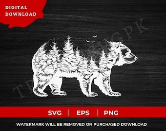 Bear PNG File Bear in the Wood, Bear Mountain Svg, Mountains svg, Camping svg, Pine Trees, hiking camp nature adventure animal, Wolf svg,