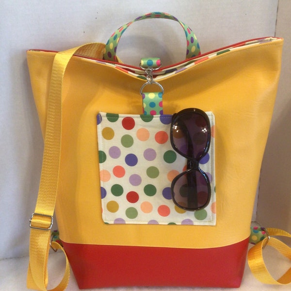 Women’s travel backpack, fold over top backpack,yellow and red vinyl handbag,Reallycutebags.Etsy.com