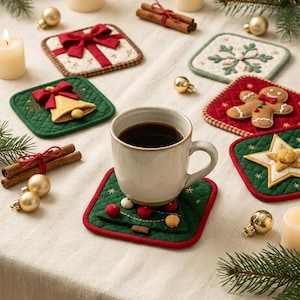 Puede incluir: Una colección de posavasos cuadrados de tela acolchada con varios diseños festivos, incluyendo un regalo con lazo rojo, un copo de nieve verde, una campana dorada, un hombre de jengibre, una estrella amarilla y un árbol bajo una taza.