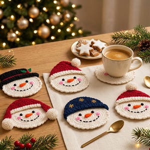 Puede incluir: Un conjunto de cinco posavasos redondos de ganchillo con caras de muñeco de nieve, narices naranjas, bocas cosidas en negro y mejillas rosadas. Los muñecos llevan varios gorros, incluyendo gorros rojos y azules con pompones y un sombrero negro.