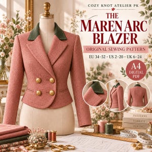 Könnte beinhalten: Ein altrosa Blazer mit dunkelgrünem Kragen und vier goldenen Knöpfen, mit einem dezenten Prägemuster. Text: COZY KNOT ATELIER PK, THE MAREN ARC BLAZER, ORIGINAL SEWING PATTERN, EU 34-52, US 2-20, UK 6-24, A4 DIGITAL PDF.