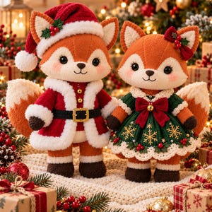 May include: Two plush fox dolls dressed for the holidays. One fox wears a red Santa suit with a white fur trim and a matching hat. The other fox wears a dark green dress with gold snowflake embroidery, a red bow, and a white scalloped lace hem.