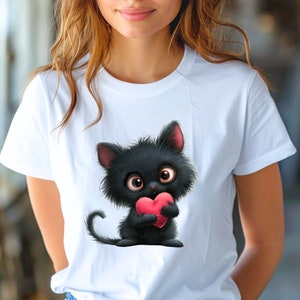 Funny Fluffy Cute Cat with Plush Heart T-Shirt | Original Valentine's Day Gift | Organic Cotton Tee | Unique Shirt | Love Gift for Her