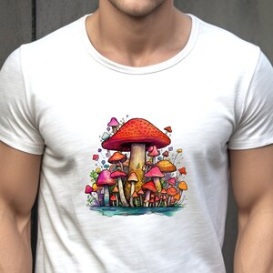 Camiseta colorida de hongos kitsch de los años 90: diseño psicodélico inspirado en jardines; camiseta con dibujos animados de hongos vibrantes; obra de arte única para amantes de la naturaleza