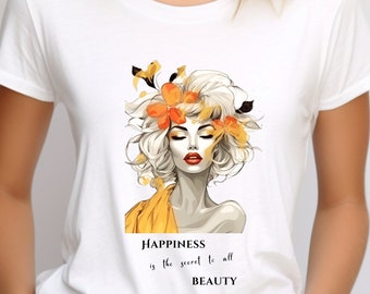 Cristian Dior Zitat „Happiness and Beauty“-T-Shirt – inspirierendes Damen-T-Shirt – modisches Top aus Bio-Baumwolle – einzigartiges Design-Geschenk in Schwarz und Orange