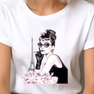 Paris Audrey Hepburn T-Shirt | Breakfast at Tiffany&#39;s Style | Eiffel Tower Retro Pink Design | Vintage Fashion Tee | Unique Gift for Her
