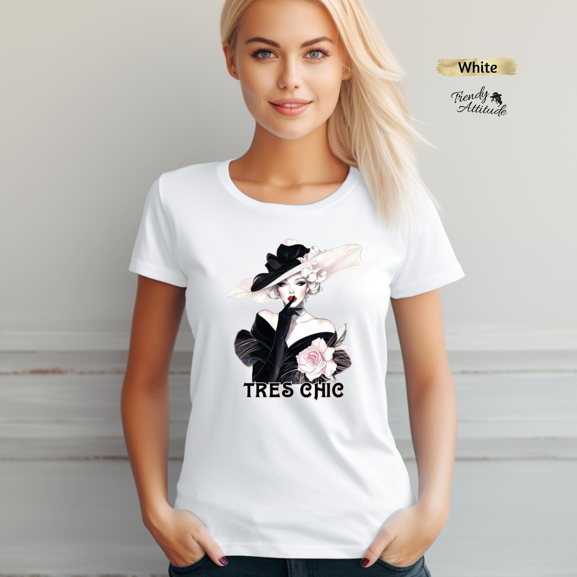 Tres Chic T-Shirt | Vintage Parisian Fashion Top | Elegant Woman in Hat | Stylish Pink and Black Tee | Unique Gift for Her | Organic Cotton