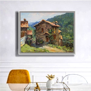 Huile Sur Toile, Impresionismo, Kunst, Maison De Campagne Dans Les Pyrénées, Peinture Sur Toile Paysage De Montagne Grand Mur Cadeau Catalogne Espagne image 3