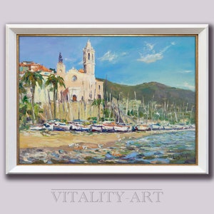 Sitges Barcelona/ Author&#39;s Print From An Original Oil Canvas Painting  Village on the Mediterranean / Spanish Modern Mediterranean Sea Wall