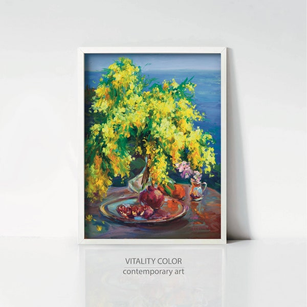 Series Still Life With Mimosa - 4 Author's Print From An Original Oil On Canvas Painting Miosa Pomegranate Geclée Gift Wall Gift For Friend