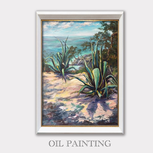 Agave sullo sfondo del mare Pittura Plein-air su tela arte originale arte contemporanea, arte murale spagnola Geclee, regalo d'arte testurizzata.