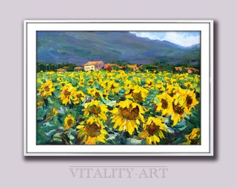 L'impression est d'une peinture originale espagnole paysage de montagne tournesols rustique HomeInstant Download Fine Art Printable Wall Gift