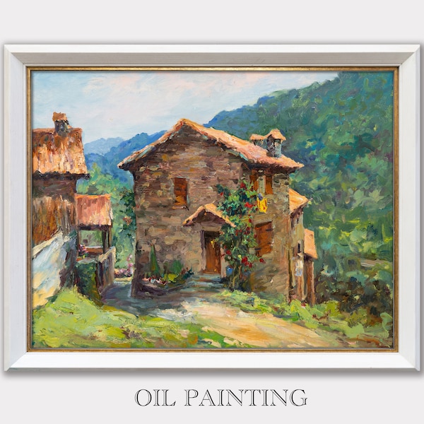 Olio su tela, Impresionismo, Kunst, Casa di campagna nei Pirenei, Dipinto su tela Paesaggio montano Grande parete regalo Catalogna Spagna