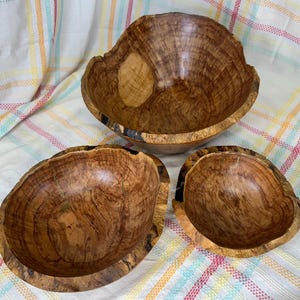Red Maple Burl Bowl Set: Natural Edge Wood Bowls with Brass Inlay