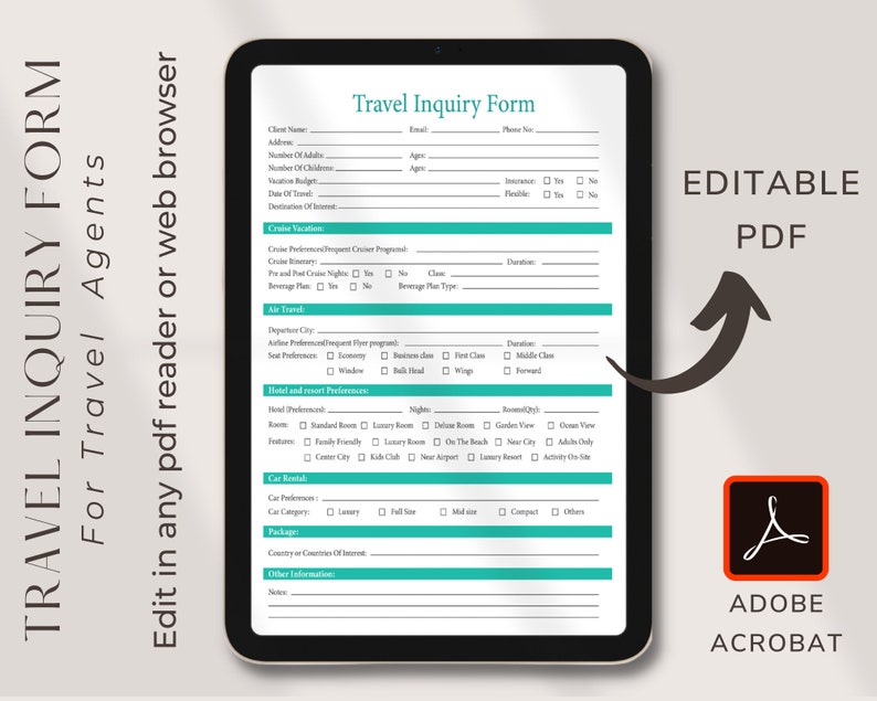 Travel Agent Inquiry Form Travel Agency Forms Client Inquiry Etsy