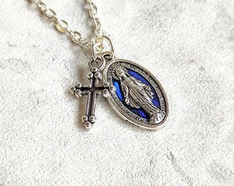 Cross Virgin Mary Necklace, Crucifix Necklace, Our Lady, Blessed Virgin Mary, Rosary, Miraculous Medal, Catholic, Mary Magdalene, Religious
