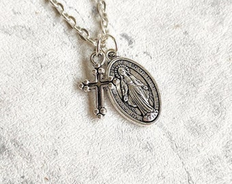 Cross Virgin Mary Necklace, Religious Necklace, Our Lady, Blessed Virgin Mary, Rosary, Miraculous Medal, Catholic, Mary Magdalene, Jesus