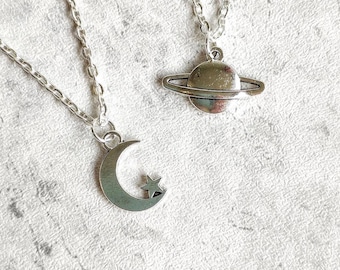 Love You to the Moon and to Saturn Necklaces, Planet Necklace, Saturn Earrings, Folk, Seven, Friendship Necklace, Celestial Earrings,