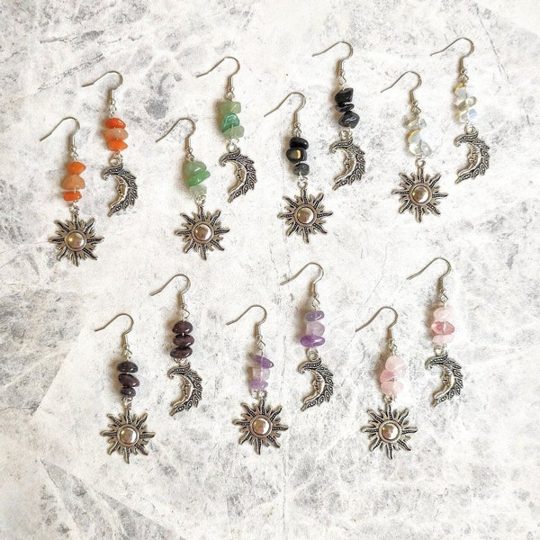 Sun Moon Earrings, Gemstone Crystal Healing Earrings, Celestial Earrings, Crystal Earrings, Crystal Necklace, Moon Sun Necklace, Festival