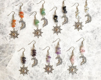 Pendientes de luna de sol, pendientes curativos de cristal de piedras preciosas, pendientes celestiales, pendientes de cristal, collar de cristal, collar de sol de luna, festival