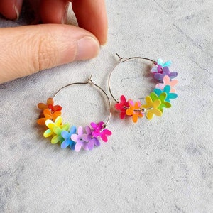 Rainbow Flower Hoop Earrings, Iridescent Sequin Hoop Earrings, LGBTQ Earrings, Gay Pride Earrings, NHS Rainbow, Equality Gay Lesbian, Hippie