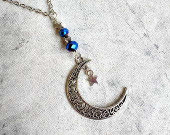 Collana con luna, orecchini a forma di luna, portachiavi a forma di luna, ciondolo a forma di luna, collana con stella d'argento, collana di cristallo, regalo per lei, collana celeste