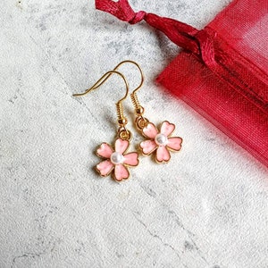 Cherry Blossom Earrings, Pink Flower Earrings, Dangle Drop, Hoop Earrings, Japanese Sakura Earrings, Enamel Earrings, Pink Cherry, Japan