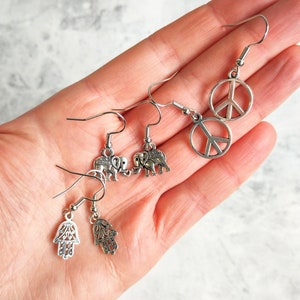 Boho Hippie Earring Set, Elephant Earrings, Peace Earrings, Hamsa Earrings, Gift for Her, Festival Earrings, BFF Earrings, Yoga Meditation