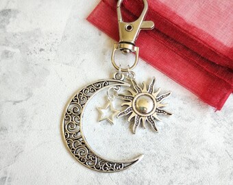 Sun and Moon Zip Charm, Backpack Bag Charms, Friendship Keychain, Celestial, Boho, Hippie, Silver Crescent Moon, Wiccan, Star, Zipper Pull