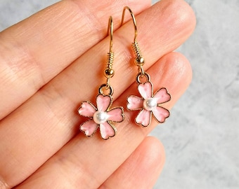 Pink Flower Earrings, Cherry Blossom, Japanese Sakura, Enamel Flower, Mothers Gift, Cute, Kawaii, Dainty, Rose Gold
