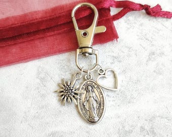 Virgin Mary Sunflower Clip Charm, Catholic Keychain, Our Lady, Blessed, Rosary, Miraculous Medal, Backpack, Mary Magdalene, Guadalupe, God