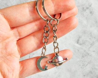 Love You Moon and Saturn Keychains, Moon Saturn Keyrings, Zip Charm, Folk, Seven, BFF Keychains, Keepsake Gift, Friendship Moon Saturn,